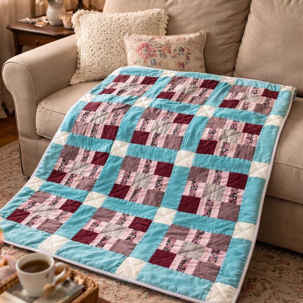 Vintage hand crafted corduroy Nine Patch lap quilt